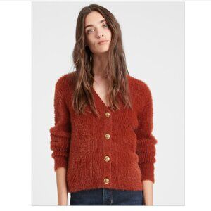 Fuzzy Cropped Cardigan Sweater - Burnt Caramel Brown - Size S